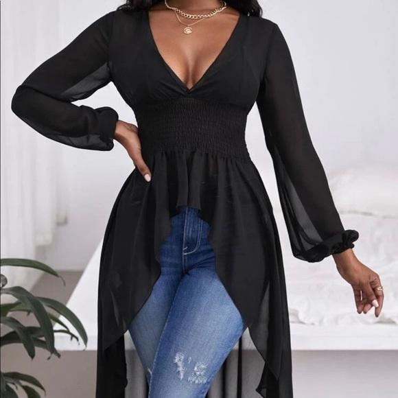 Sexy Plunging Neck Lantern Sleeve High Low Hem Top - Picture 3 of 7